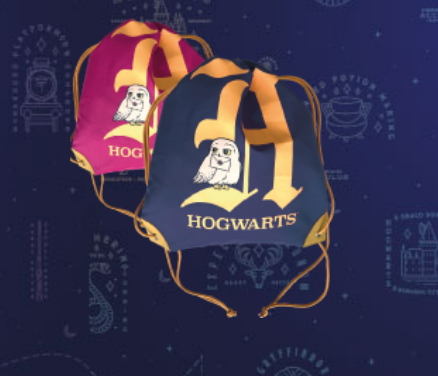 Due zainetti a tema Hogwarts con il logo di Hogwarts e un gufo, su uno sfondo blu con disegni ispirati al mondo di Harry Potter.