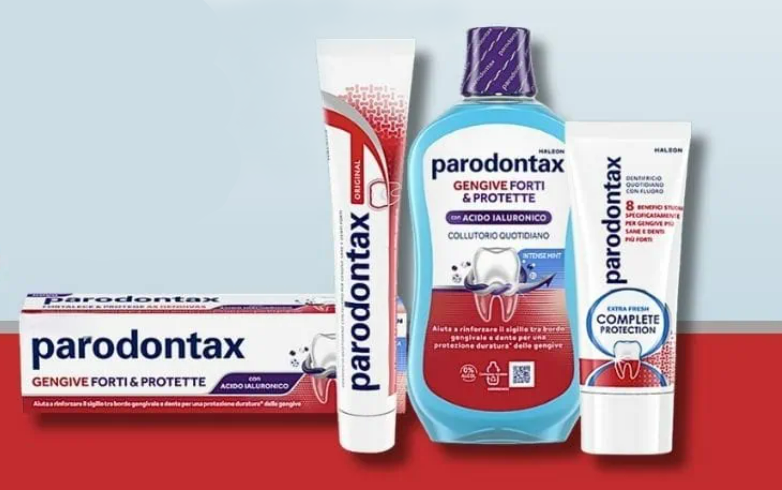 Immagine dei prodotti Parodontax, inclusa una crema dentale, un collutorio e una pasta per denti, tutti etichettati con 'Gengive Forti & Protette' e 'Completa Protezione'.